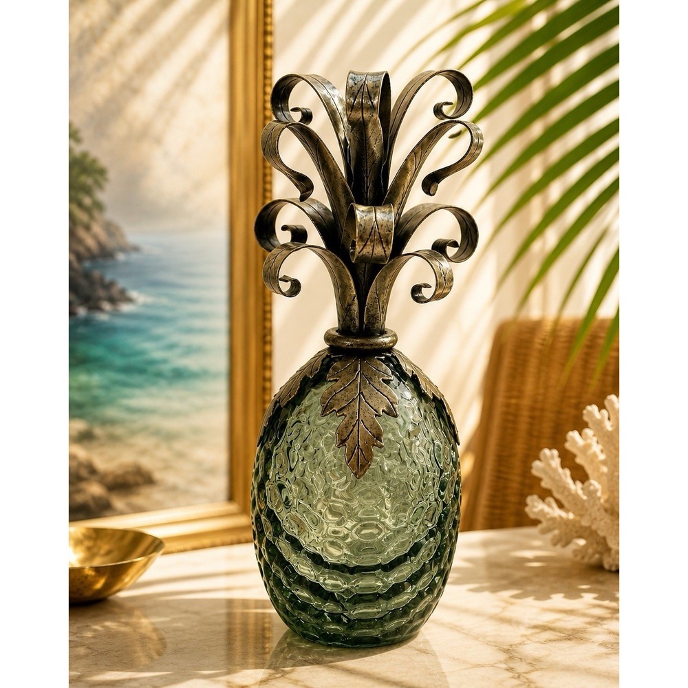 Vintage Green Glass Pineapple Vase Metal Leaves Coastal Decor 12"